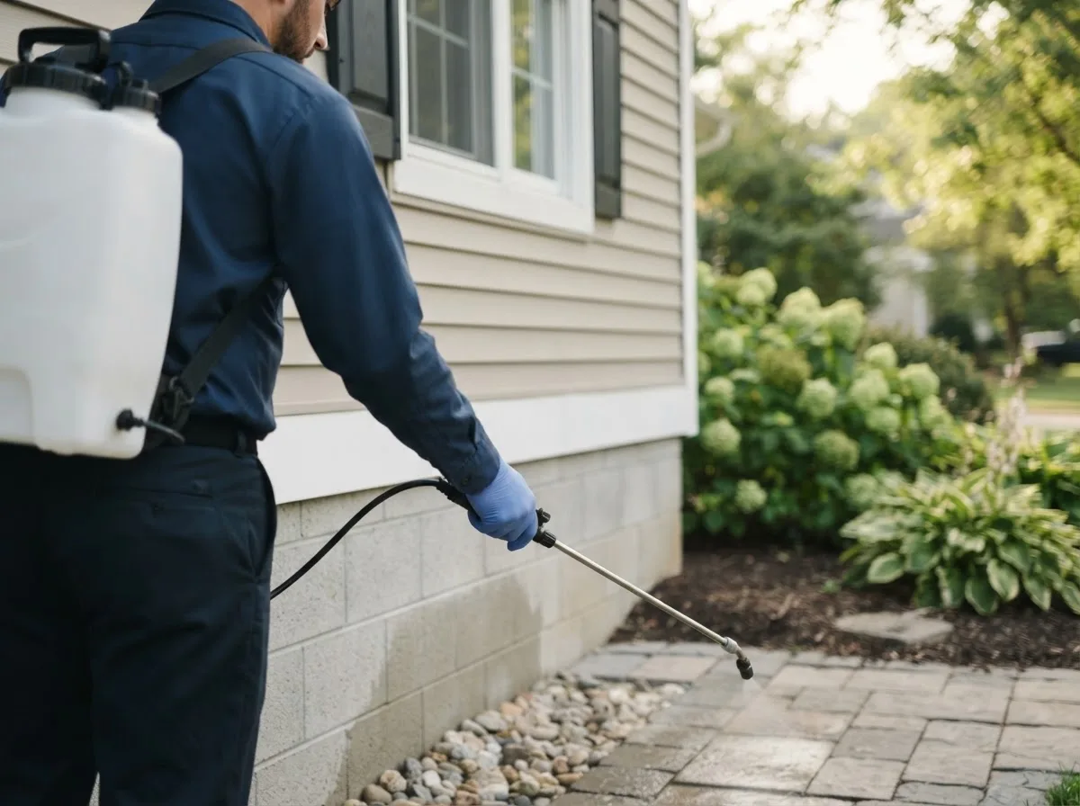 Pest control technician inspecting a home in Winter Harbor, ME